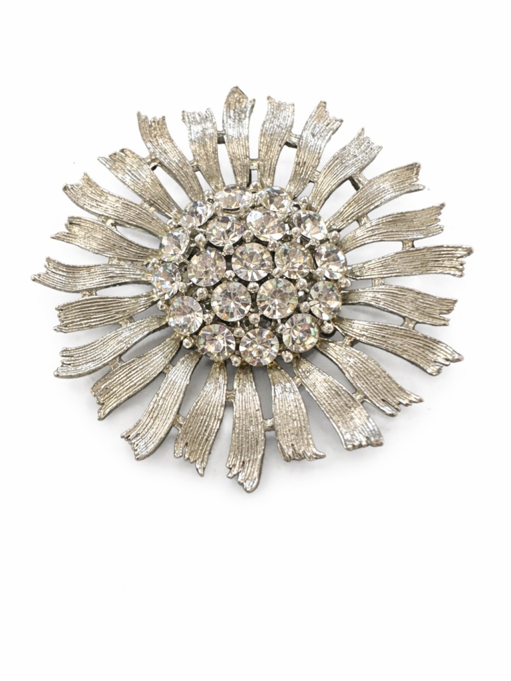 Vintage Signed Lisner Rhinestone Sunburst Brooch Silver Tone‎ Mid Century